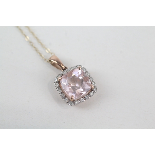 113 - 9ct gold diamond & morganite cluster pendant necklace (1.9g)