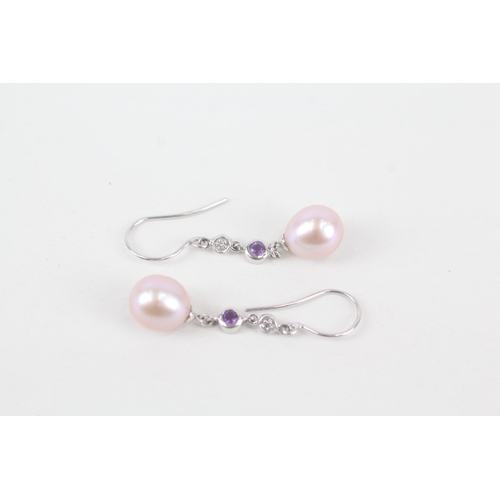 123 - 9ct white gold cultured pearl drop earrings with diamond & amethyst highlight (3.2g)