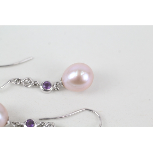 123 - 9ct white gold cultured pearl drop earrings with diamond & amethyst highlight (3.2g)