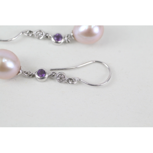 123 - 9ct white gold cultured pearl drop earrings with diamond & amethyst highlight (3.2g)