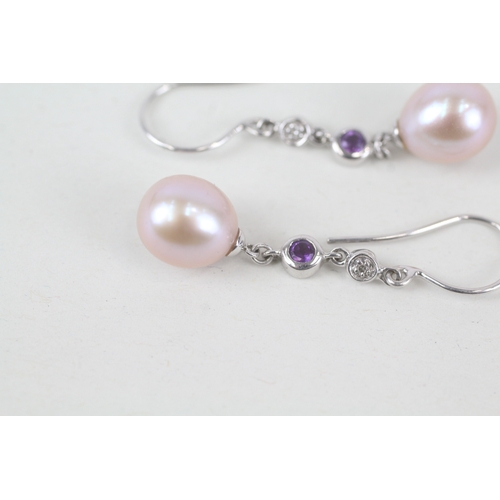 123 - 9ct white gold cultured pearl drop earrings with diamond & amethyst highlight (3.2g)