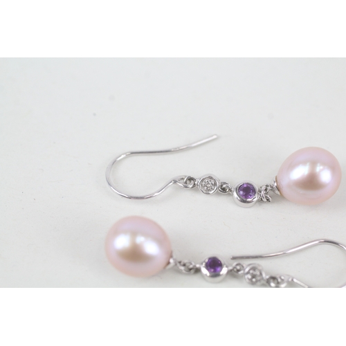 123 - 9ct white gold cultured pearl drop earrings with diamond & amethyst highlight (3.2g)