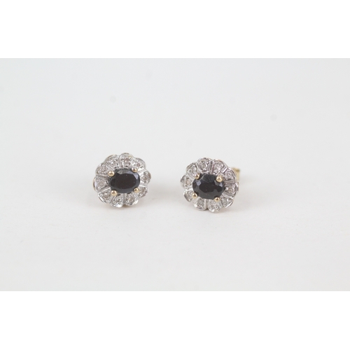 131 - 9ct gold diamond and sapphire set cluster stud earrings (1.9g)