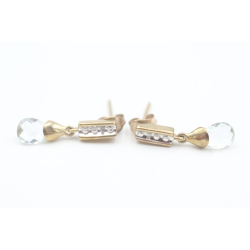 134 - 9ct gold diamond and briolette cut prasiolite set drop earrings (2g)