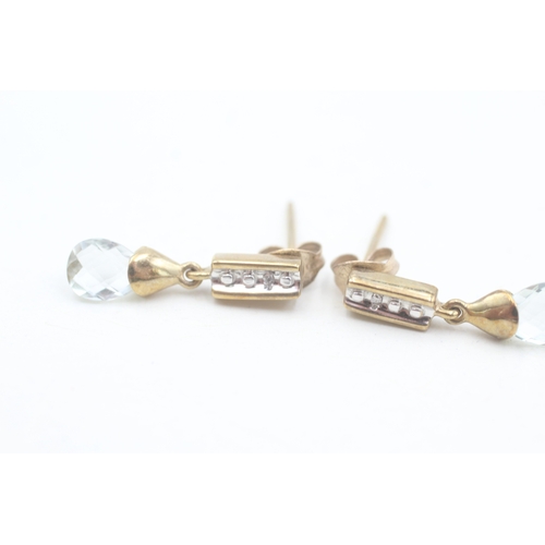 134 - 9ct gold diamond and briolette cut prasiolite set drop earrings (2g)