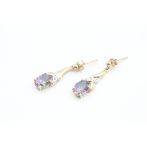 154 - 9ct gold diamond and mystic topaz set drop earrings (1.6g)