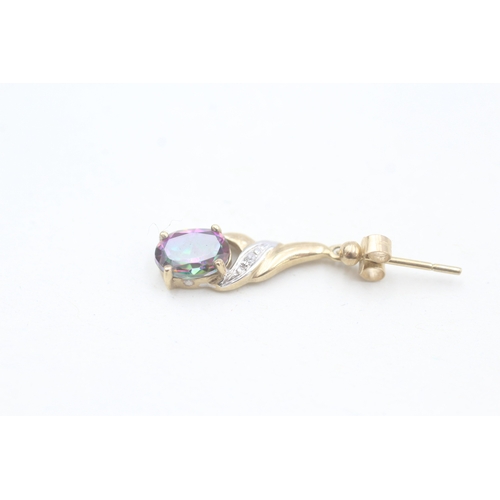 154 - 9ct gold diamond and mystic topaz set drop earrings (1.6g)