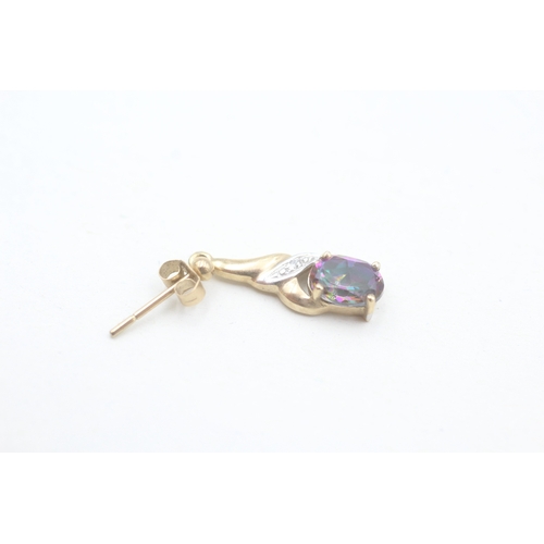 154 - 9ct gold diamond and mystic topaz set drop earrings (1.6g)