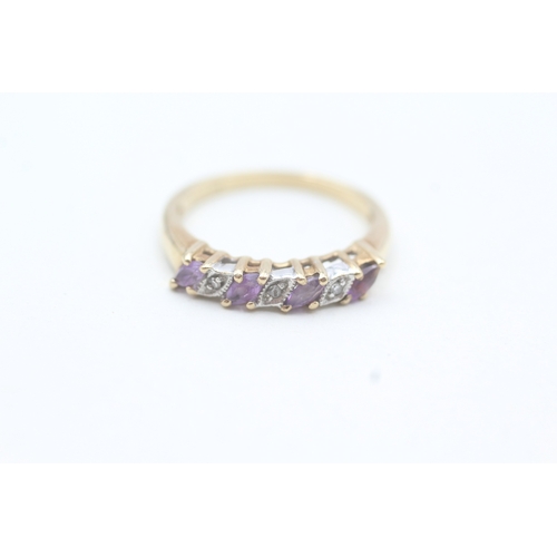 177 - 9ct gold diamond & amethyst seven stone ring (2.2g) Size  M