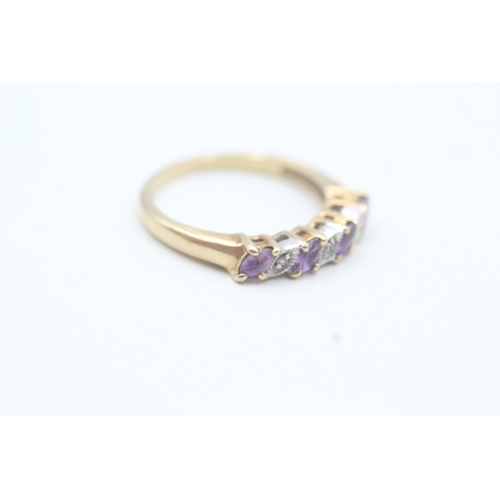 177 - 9ct gold diamond & amethyst seven stone ring (2.2g) Size  M