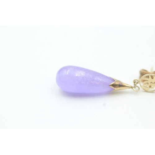 179 - 14ct gold lavender jade drop earrings (4.6g)