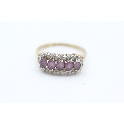 188 - 9ct gold amethyst five stone ring with diamond frame (2.4g) Size  P