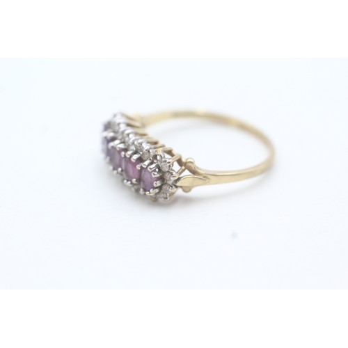 188 - 9ct gold amethyst five stone ring with diamond frame (2.4g) Size  P