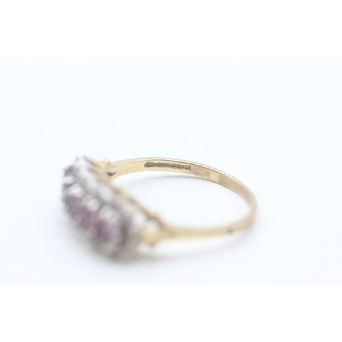 188 - 9ct gold amethyst five stone ring with diamond frame (2.4g) Size  P