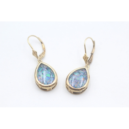 210 - 9ct gold opal triplet mosaic drop earrings (2g)