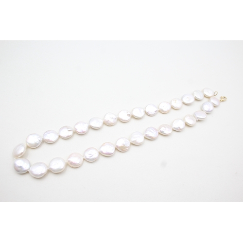 214 - 14ct gold cultured flat pearl single strand necklace (41.6g)