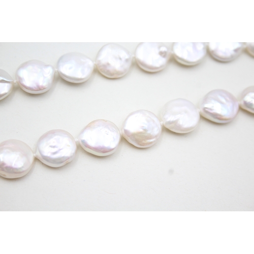 214 - 14ct gold cultured flat pearl single strand necklace (41.6g)