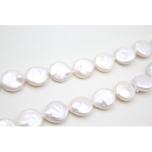 214 - 14ct gold cultured flat pearl single strand necklace (41.6g)