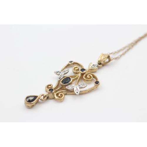 247 - 9ct gold diamond & sapphire pendant necklace (3.1g)