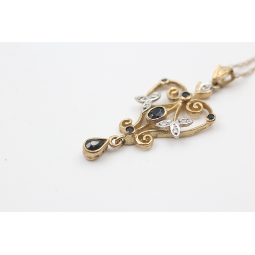 247 - 9ct gold diamond & sapphire pendant necklace (3.1g)