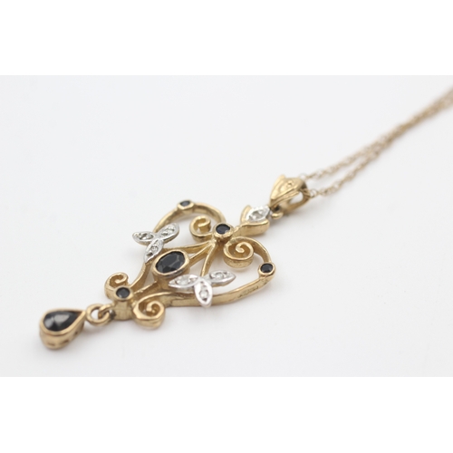 247 - 9ct gold diamond & sapphire pendant necklace (3.1g)