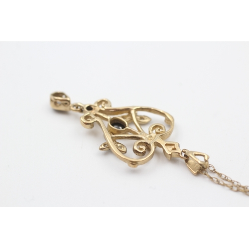 247 - 9ct gold diamond & sapphire pendant necklace (3.1g)
