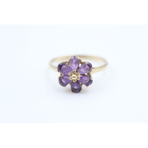 29 - 9ct gold pear cut amethyst set floral cluster ring (1.6g) Size  O