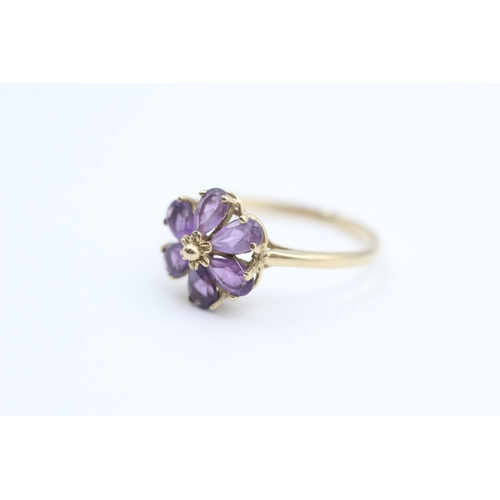 29 - 9ct gold pear cut amethyst set floral cluster ring (1.6g) Size  O