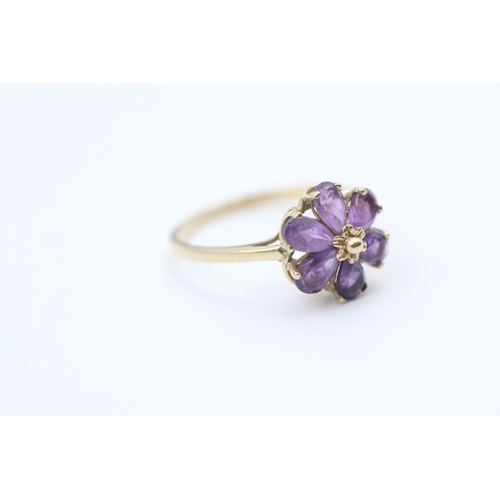 29 - 9ct gold pear cut amethyst set floral cluster ring (1.6g) Size  O