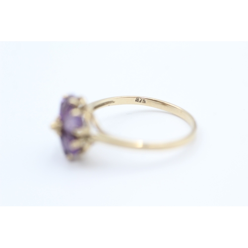 29 - 9ct gold pear cut amethyst set floral cluster ring (1.6g) Size  O