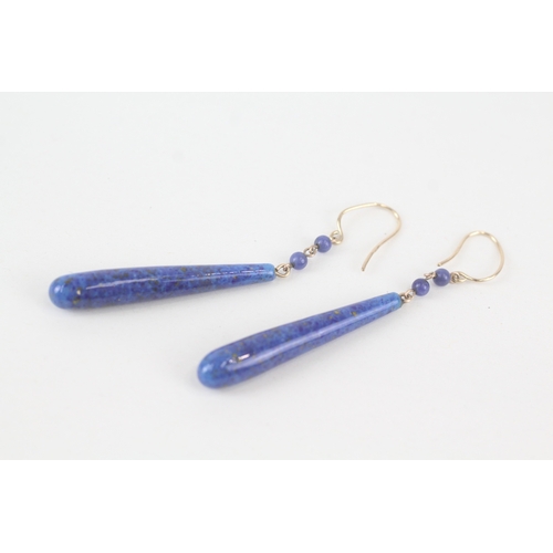 47 - 9ct gold vintage lapis tone peeking glass long bombe drop earrings (1.2g)