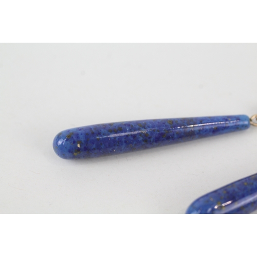 47 - 9ct gold vintage lapis tone peeking glass long bombe drop earrings (1.2g)