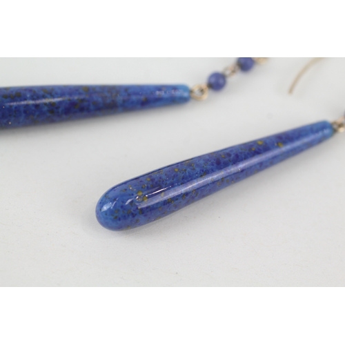 47 - 9ct gold vintage lapis tone peeking glass long bombe drop earrings (1.2g)