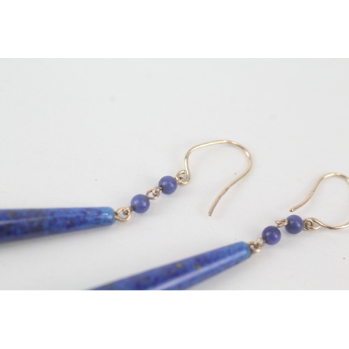 47 - 9ct gold vintage lapis tone peeking glass long bombe drop earrings (1.2g)