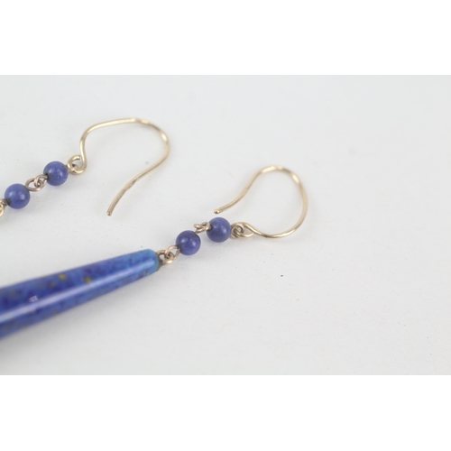 47 - 9ct gold vintage lapis tone peeking glass long bombe drop earrings (1.2g)