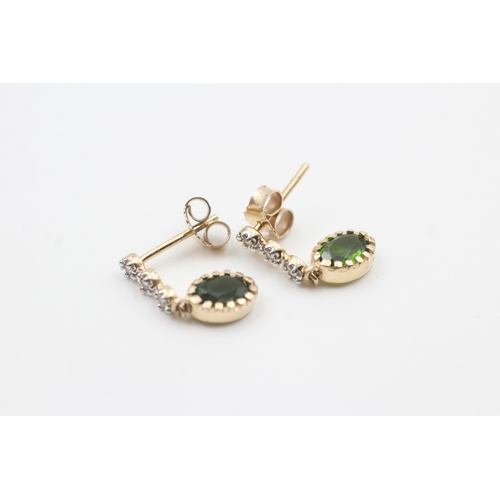 50 - 9ct gold diamond & diopside drop earrings (1.9g)