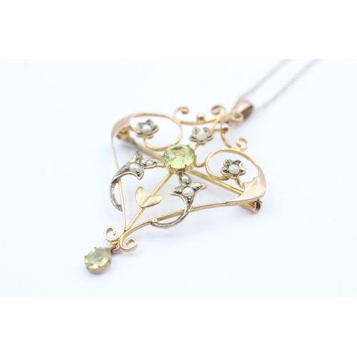 61 - 9ct gold antique Edwardian peridot paste lavaliere pendant necklace (3.5g)