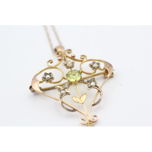 61 - 9ct gold antique Edwardian peridot paste lavaliere pendant necklace (3.5g)