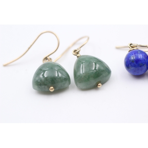 15 - 2 x 9ct gold jade & lapis lazuli drop earrings (6.3g)