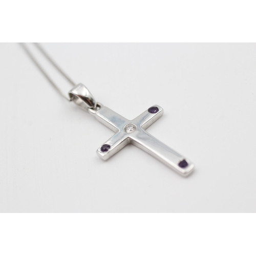 25 - 9ct white gold diamond & amethyst cross pendant necklace (3.8g)