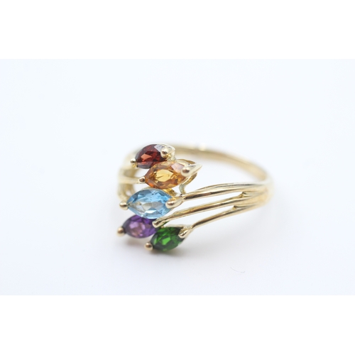 3 - 9ct gold garnet, citrine, blue topaz, amethyst and chrome diopside set spray ring (2.5g) Size  Q