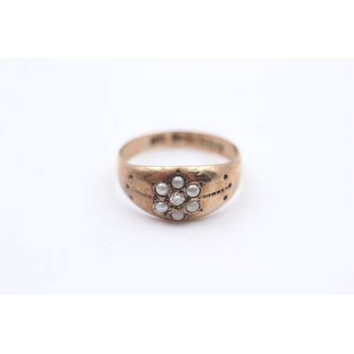 31 - 9ct rose gold antique seed pearl and diamond cluster floral band ring (1.8g) Size  K