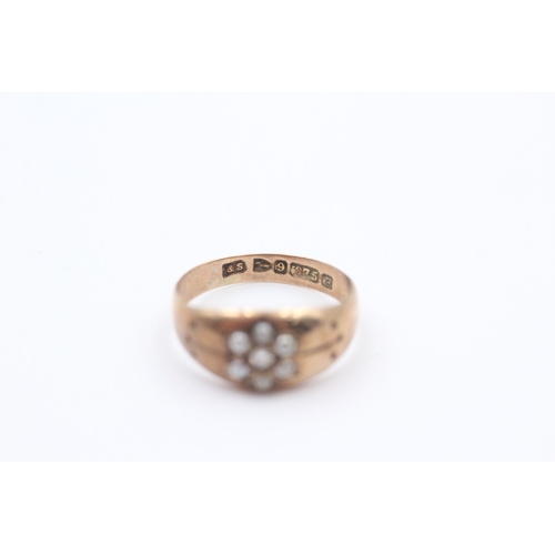 31 - 9ct rose gold antique seed pearl and diamond cluster floral band ring (1.8g) Size  K