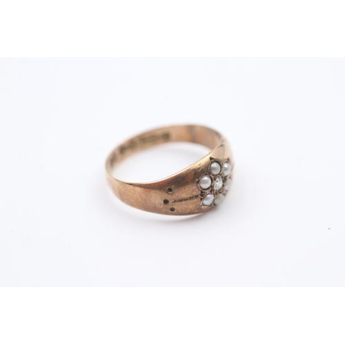 31 - 9ct rose gold antique seed pearl and diamond cluster floral band ring (1.8g) Size  K