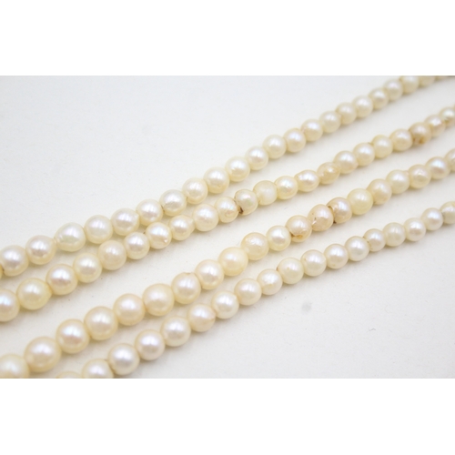 7 - 9ct gold split pearl & turquoise clasp cultured pearl double strand necklace (31.9g)