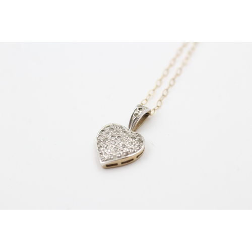 85 - 9ct gold pave set diamond heart pendant necklace (1.3g)