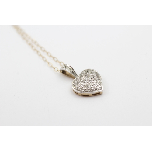 85 - 9ct gold pave set diamond heart pendant necklace (1.3g)