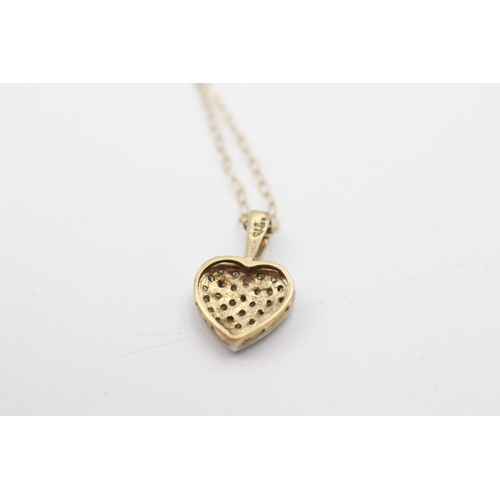 85 - 9ct gold pave set diamond heart pendant necklace (1.3g)