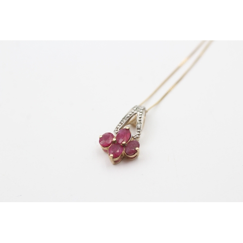 86 - 9ct gold diamond accented ruby cluster pendant necklace (1.2g)