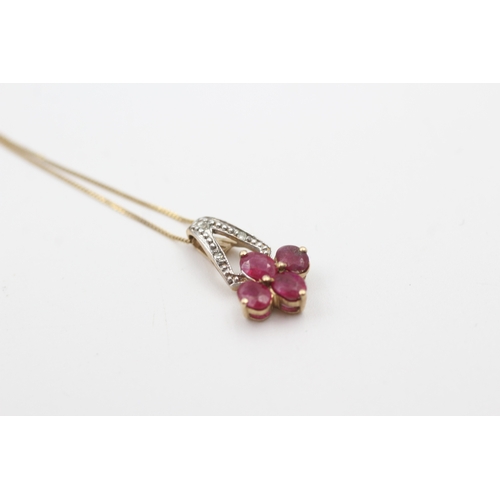 86 - 9ct gold diamond accented ruby cluster pendant necklace (1.2g)